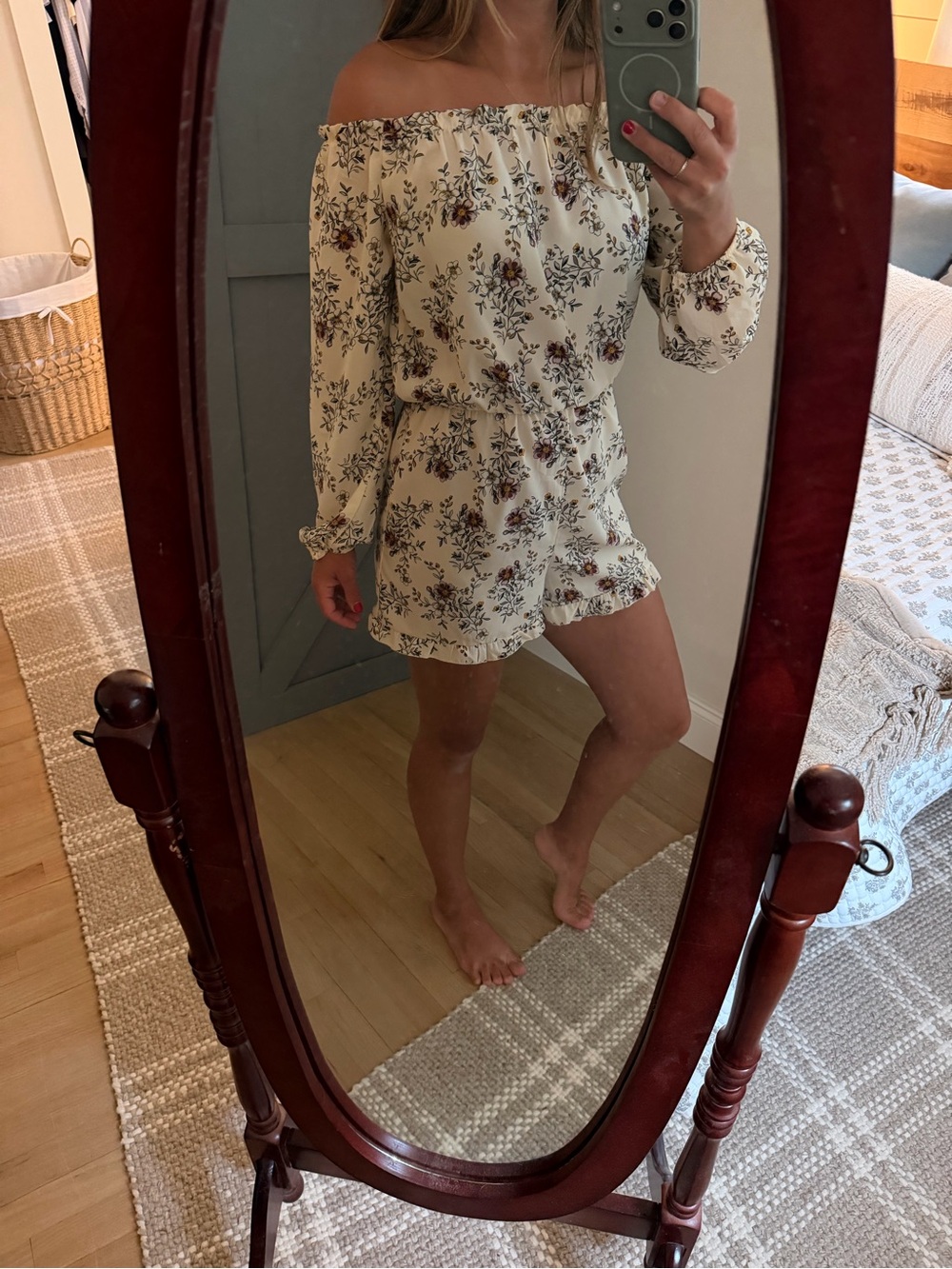 Off-Shoulder Floral Romper in Cream and Brown